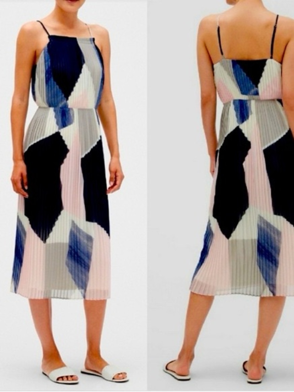 Banana Republic Pleated Geometric Midi Dress - Black, Navy & Pink